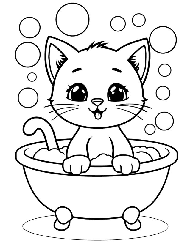 Baby cat bathing in a tub coloring page